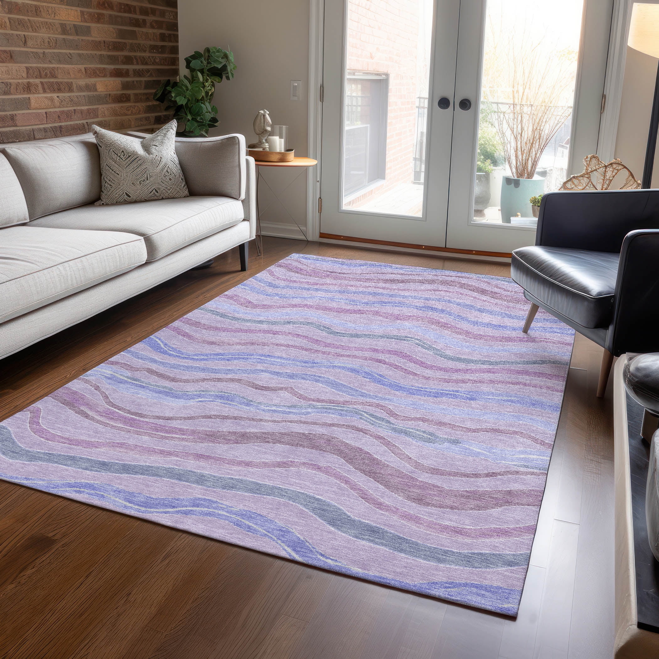 Lavender and Gray Striped Synthetic Washable Area Rug 3' x 5'