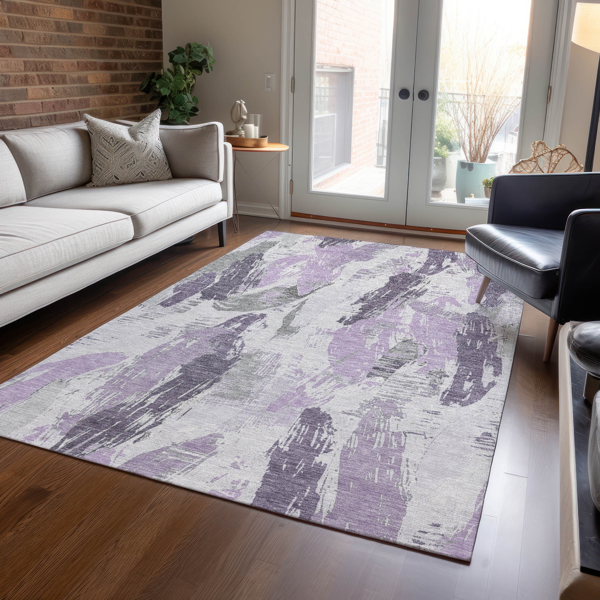 Lavender and Gray Abstract Brushstroke Washable Rug