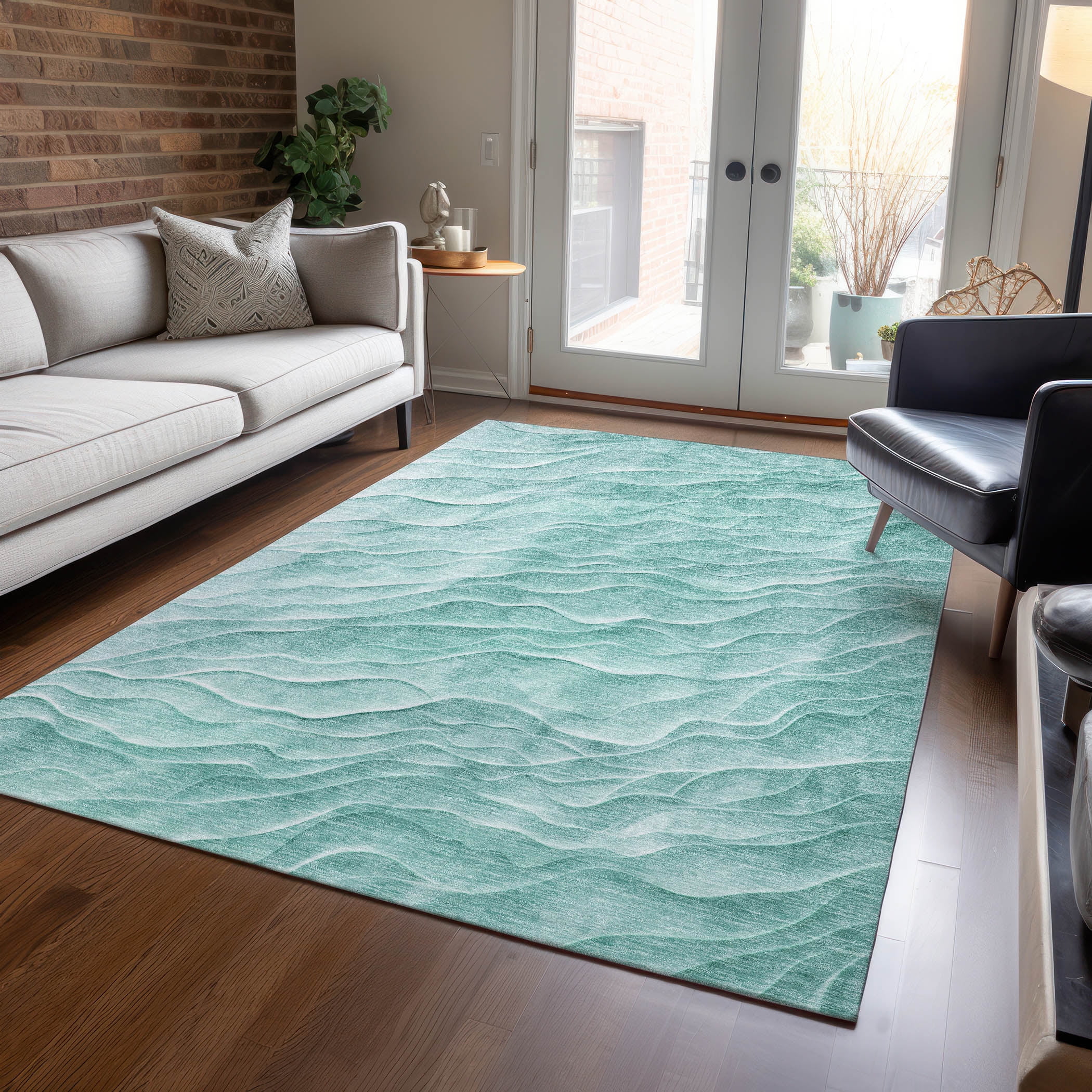 Aqua Flat Woven Synthetic Washable Rectangular Rug 3' x 5'