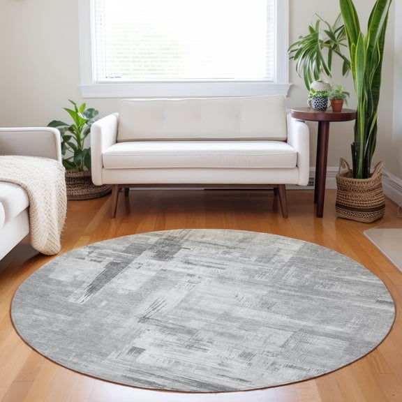 Addison Rugs Chantille Indoor/Outdoor Transitional Blocks Gray Washable Round Rug, 8' x 8'