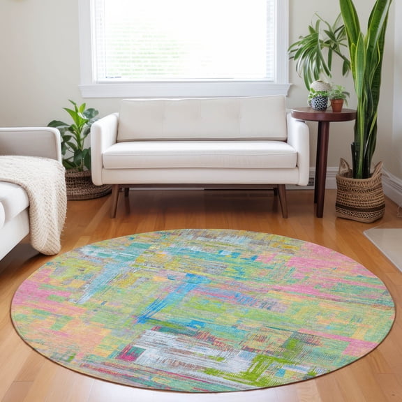Addison Rugs Chantille Indoor/Outdoor Transitional Blocks Pink Washable Round Rug, 8' x 8'