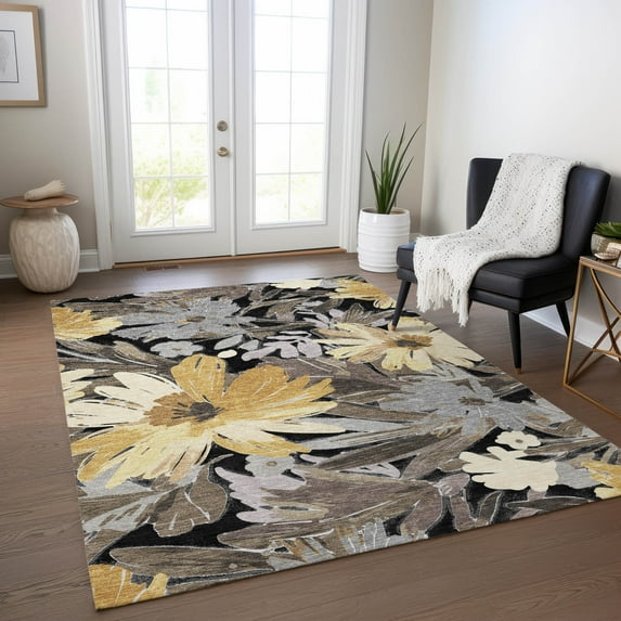Addison Rugs Chantille Indoor/Outdoor Transitional Floral Black Washable Rectangle Rug, 10' x 14'