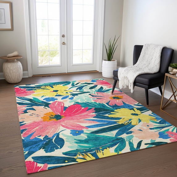 Addison Rugs Chantille Indoor/Outdoor Transitional Floral Blush Washable Rectangle Rug, 5' x 7'6"