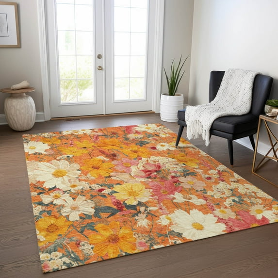 Addison Rugs Chantille Indoor/Outdoor Transitional Floral Orange Washable Rectangle Rug, 10' x 14'