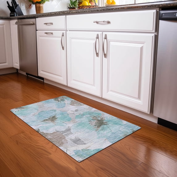 Addison Rugs Chantille Indoor/Outdoor Transitional Floral Teal Washable Rectangle Rug, 1'8" x 2'6"