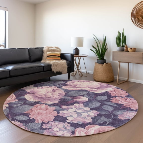 Addison Rugs Chantille Indoor/Outdoor Transitional Floral Pink Washable Round Rug, 8' x 8'