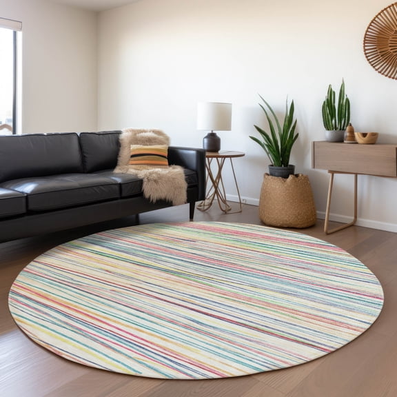 Addison Rugs Chantille Indoor/Outdoor Transitional Stripes Ivory Washable Round Rug, 8' x 8'