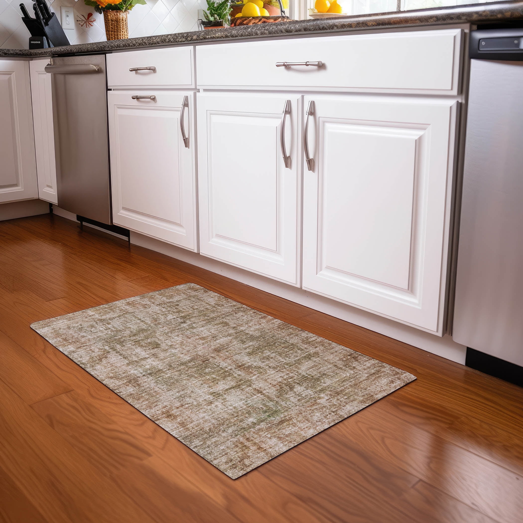 Beige Flat Woven Rectangular Synthetic Washable Rug