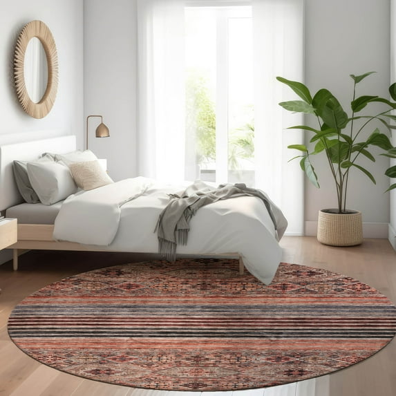 Addison Rugs Chantille Indoor/Outdoor Transitional Stripes Paprika Washable Round Rug, 8' x 8'