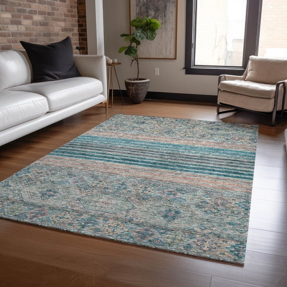 Addison Rugs Chantille Indoor/Outdoor Transitional Stripes Teal Washable Rectangle Rug, 2'6" x 3'10"