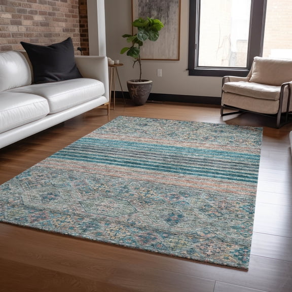 Addison Rugs Chantille Indoor/Outdoor Transitional Stripes Teal Washable Rectangle Rug, 3' x 5'