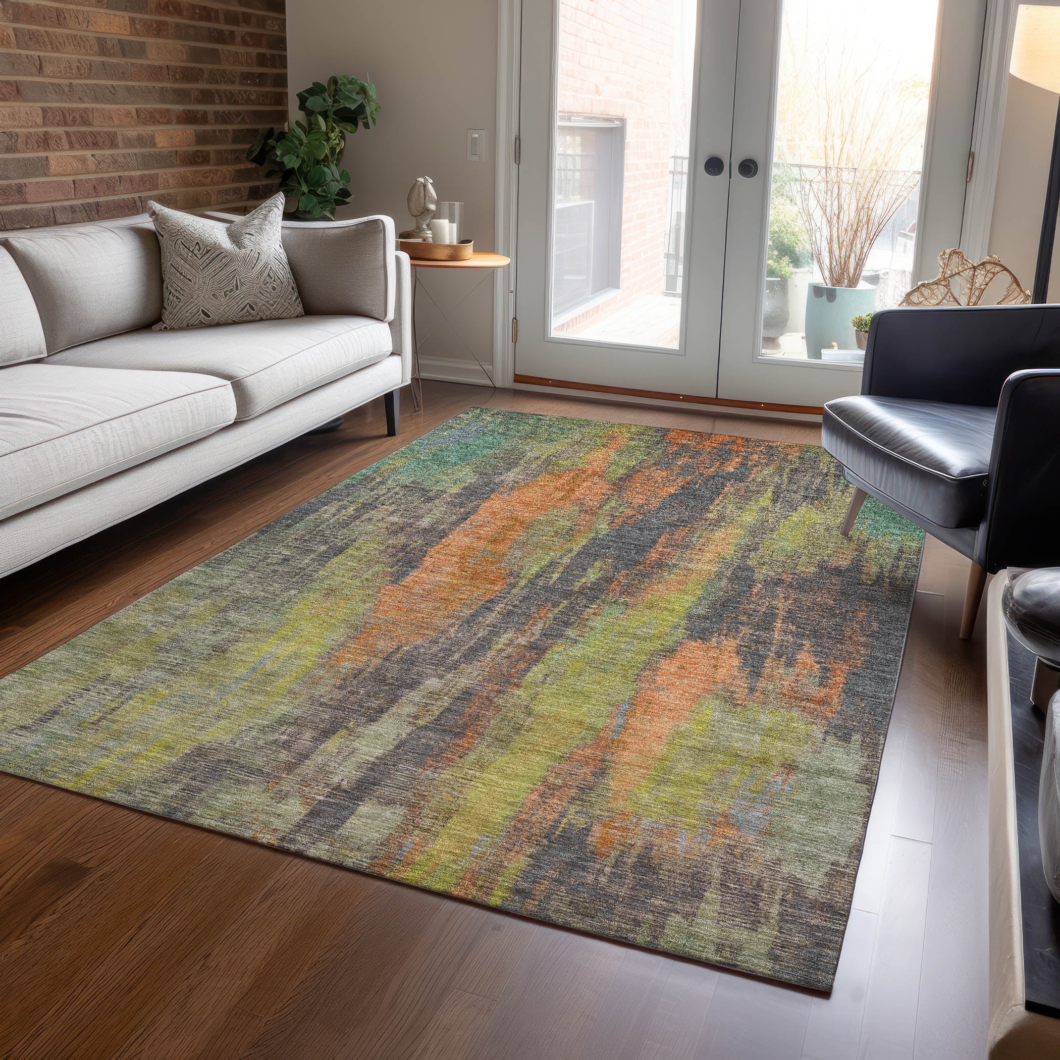 Orange and Green Abstract Synthetic Washable Rug 3' x 5'