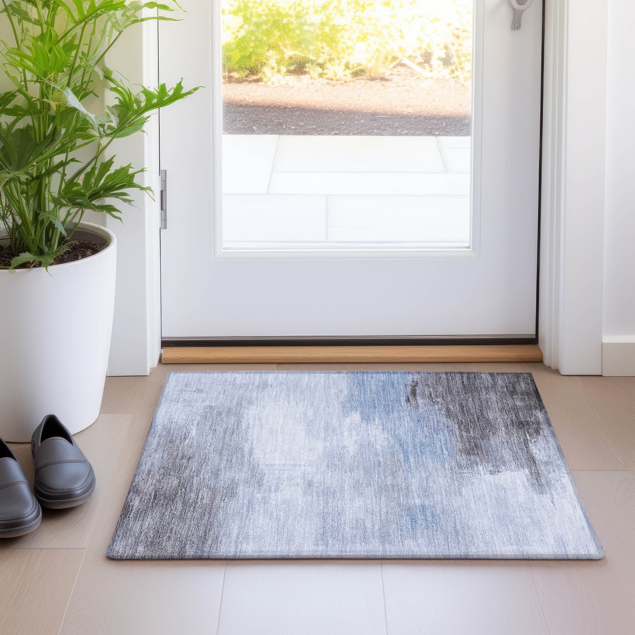 Sky Blue Abstract Washable Indoor/Outdoor Rug