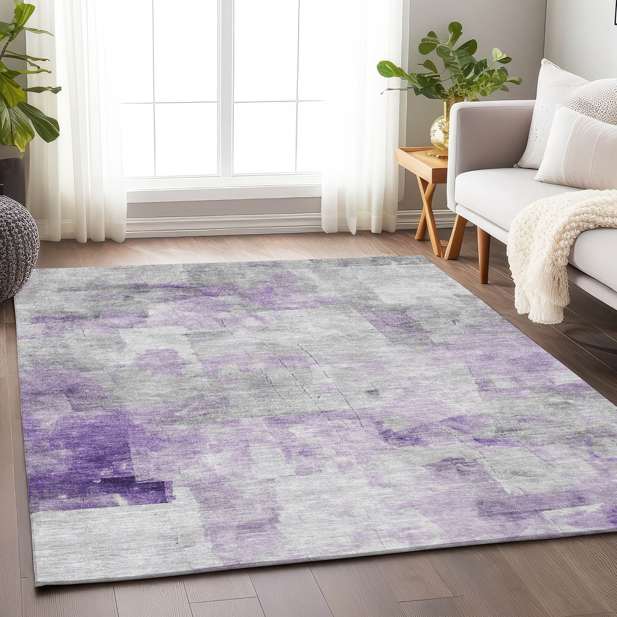 Lavender and Gray Abstract Washable Indoor/Outdoor Rug