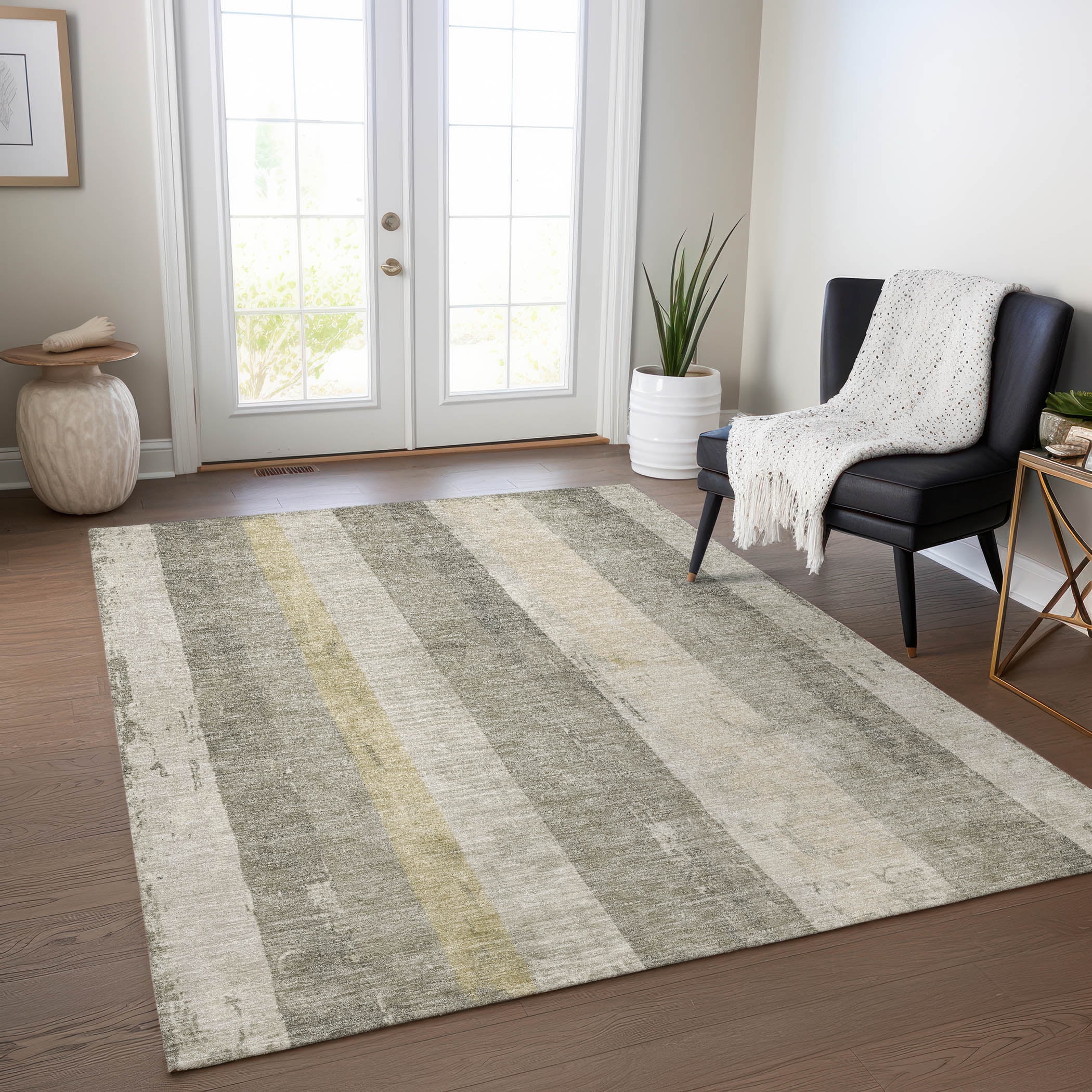 Taupe Striped Flat Woven Synthetic Washable Rug