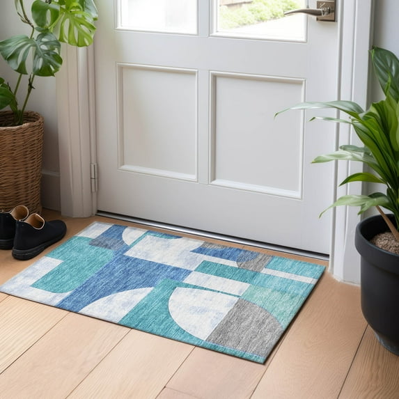 Addison Rugs Chantille Indoor/Outdoor Transitional Mid Century Teal Washable Rectangle Rug, 1'8" x 2'6"