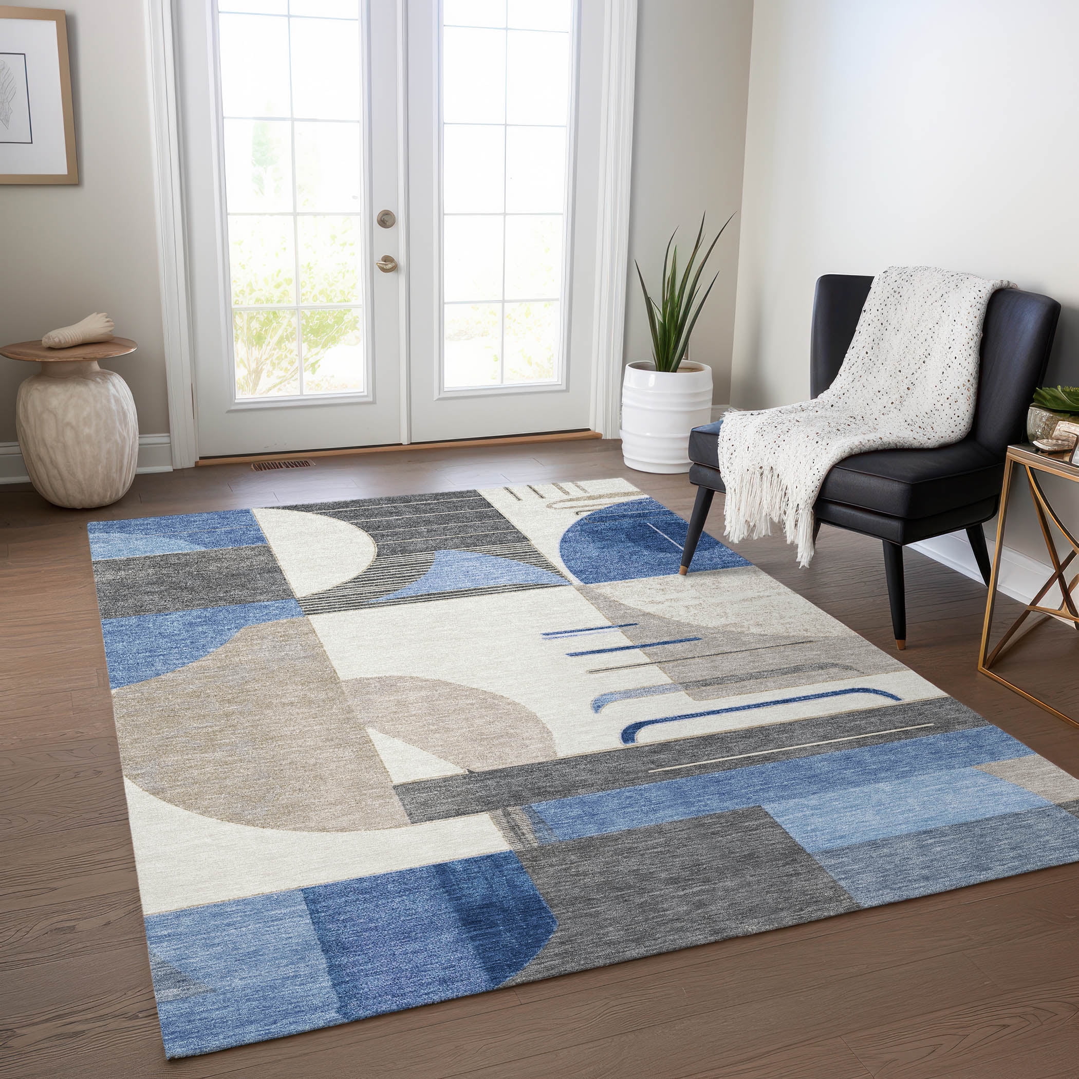 Chantille Blue and Gray Geometric Washable Indoor/Outdoor Rug