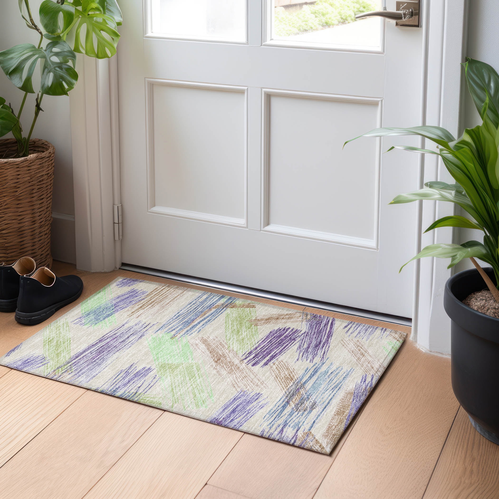 Beige and Multicolor Synthetic Washable Rectangular Rug