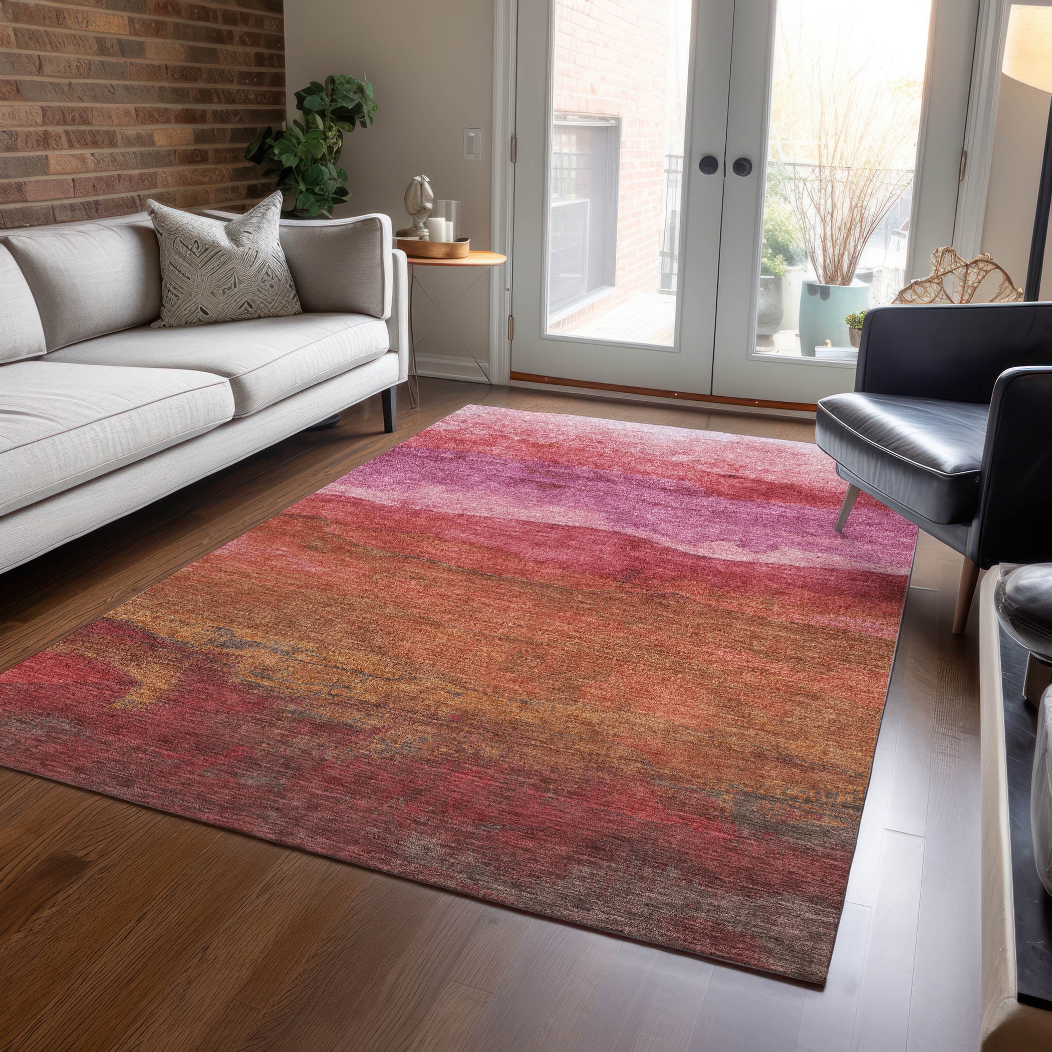 Blush and Brown Striped Synthetic Washable Rug 2'6" x 3'10"