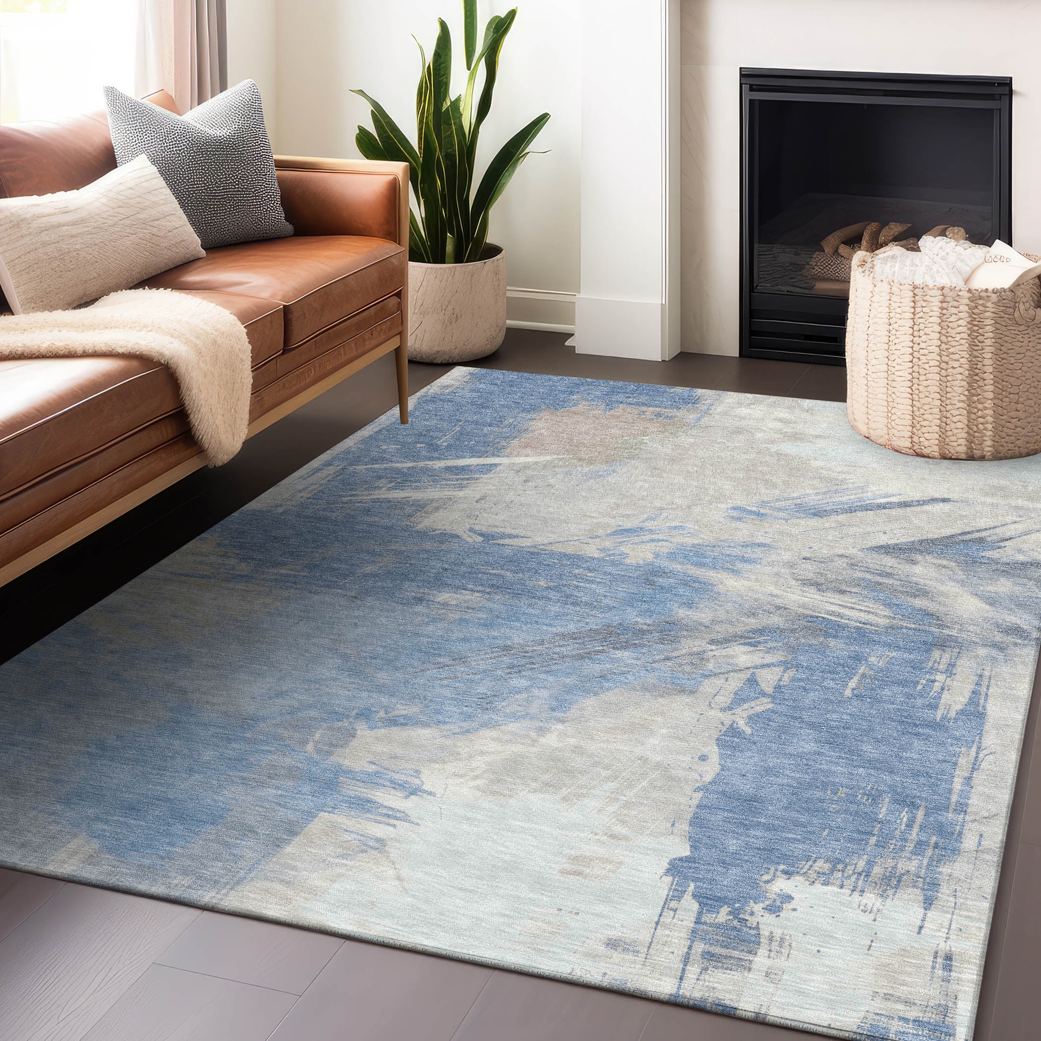Denim Blue Abstract Washable Synthetic Area Rug
