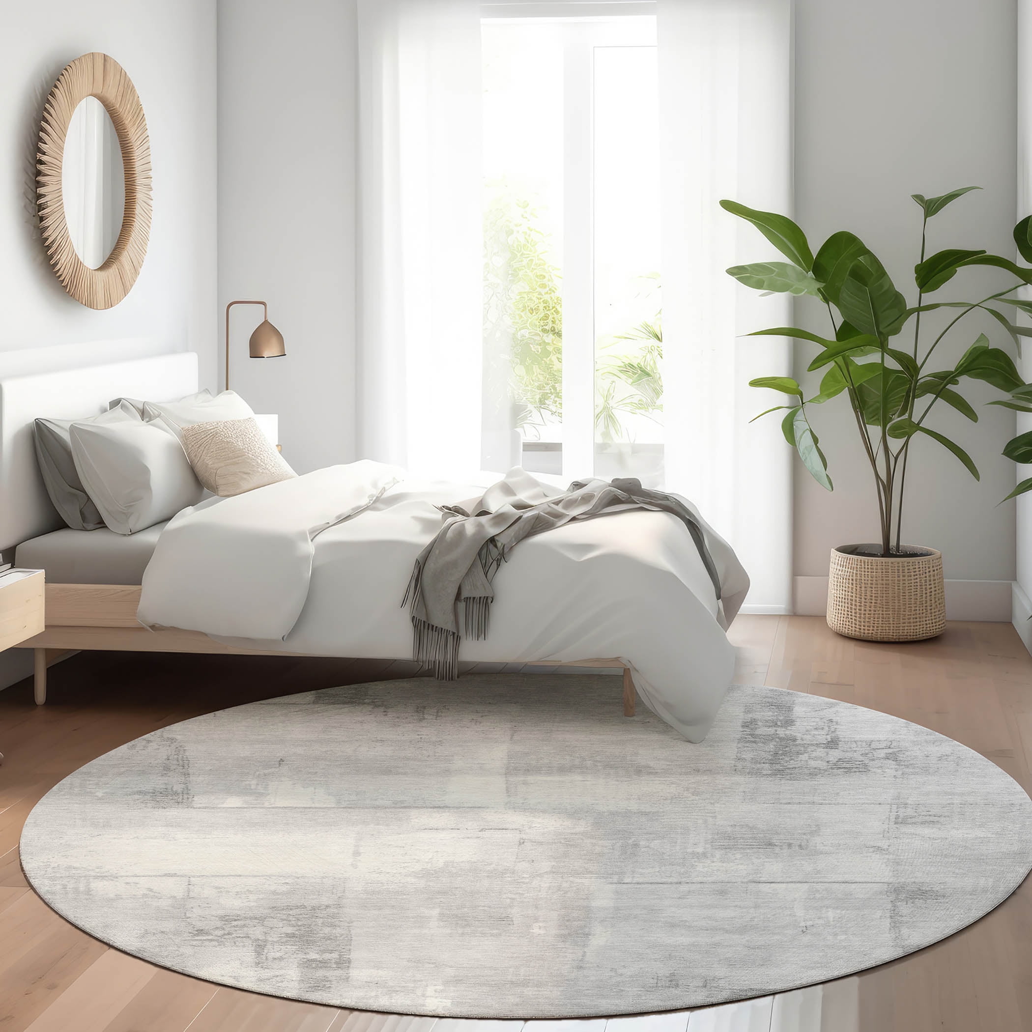 Gray Round Synthetic Flat Woven Washable Rug, 8' x 8'