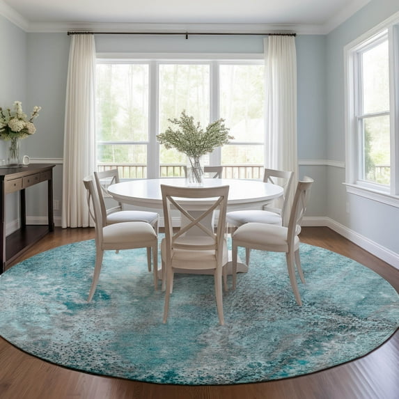 Addison Rugs Chantille Indoor/Outdoor Contemporary Watercolors Teal Washable Round Rug, 8' x 8'