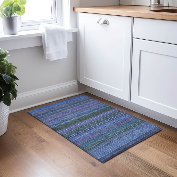 Addison Rugs Chantille Indoor/Outdoor Transitional Stripes Blue Washable Rectangle Rug, 1'8" x 2'6"