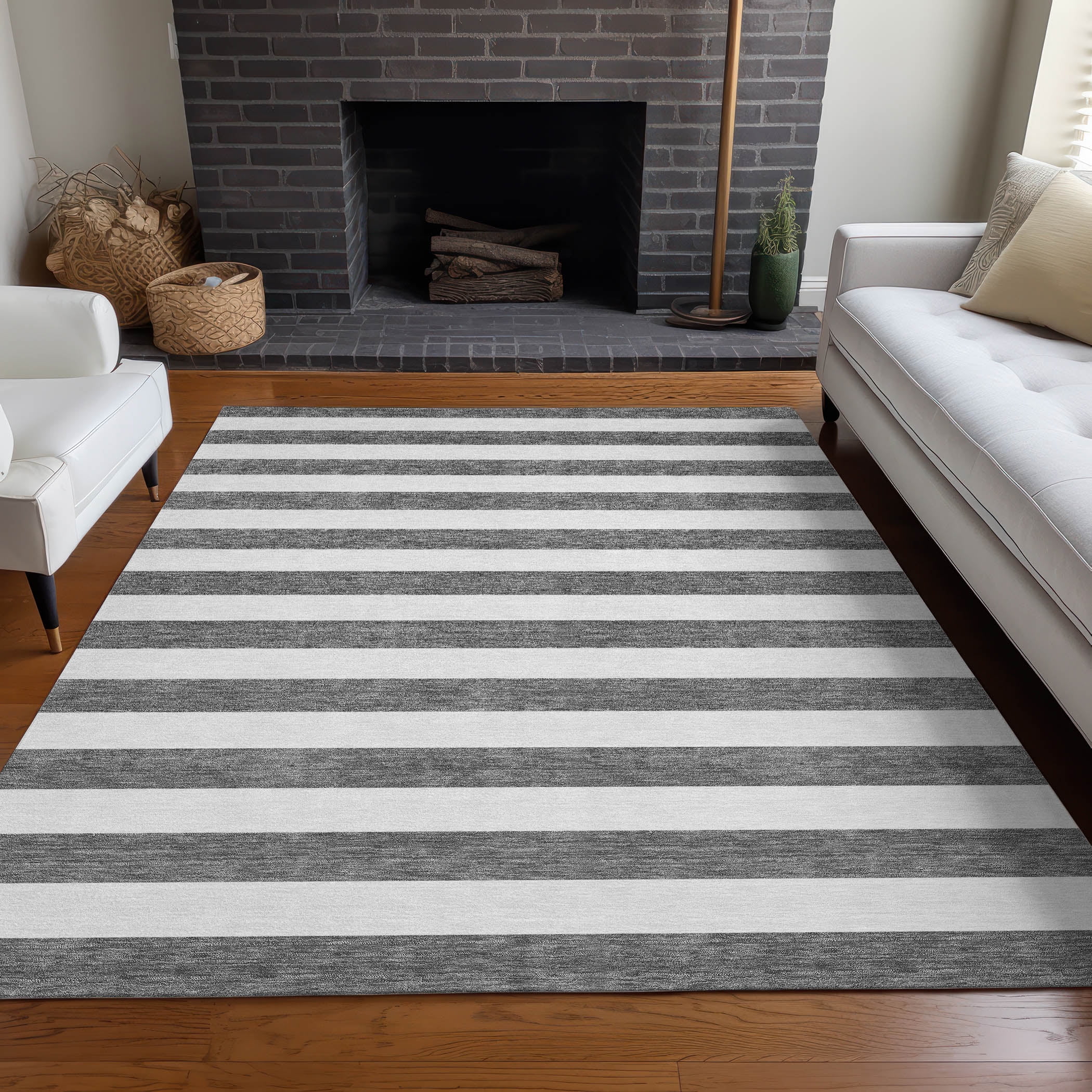 Addison Rugs Chantille Indoor/Outdoor Transitional Stripes Charcoal Washable Rectangle Rug, 3' x 5'