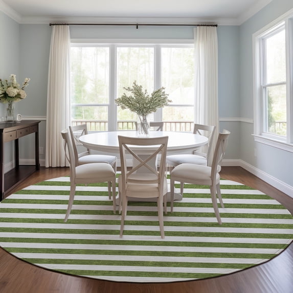 Addison Rugs Chantille Indoor/Outdoor Transitional Stripes Olive Washable Round Rug, 8' x 8'