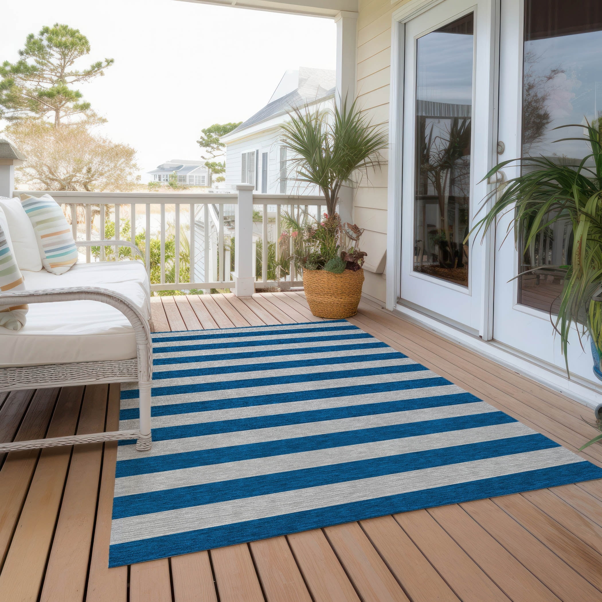 Blue and Gray Striped Synthetic Washable Rug 2'6" x 3'10"