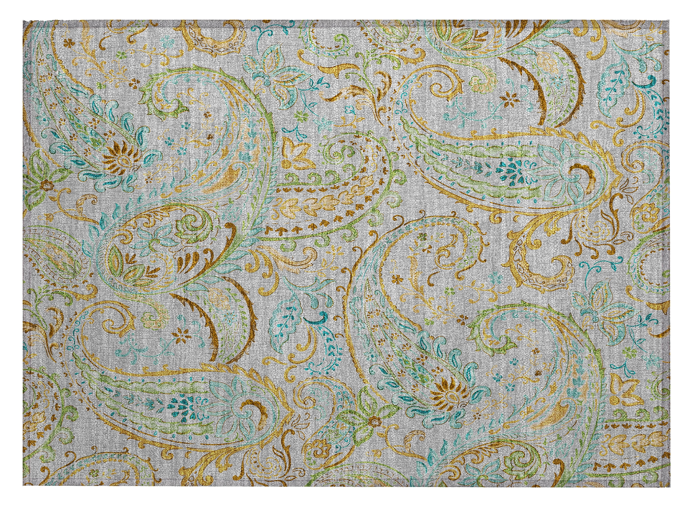 Gray and Gold Paisley Washable Synthetic Area Rug