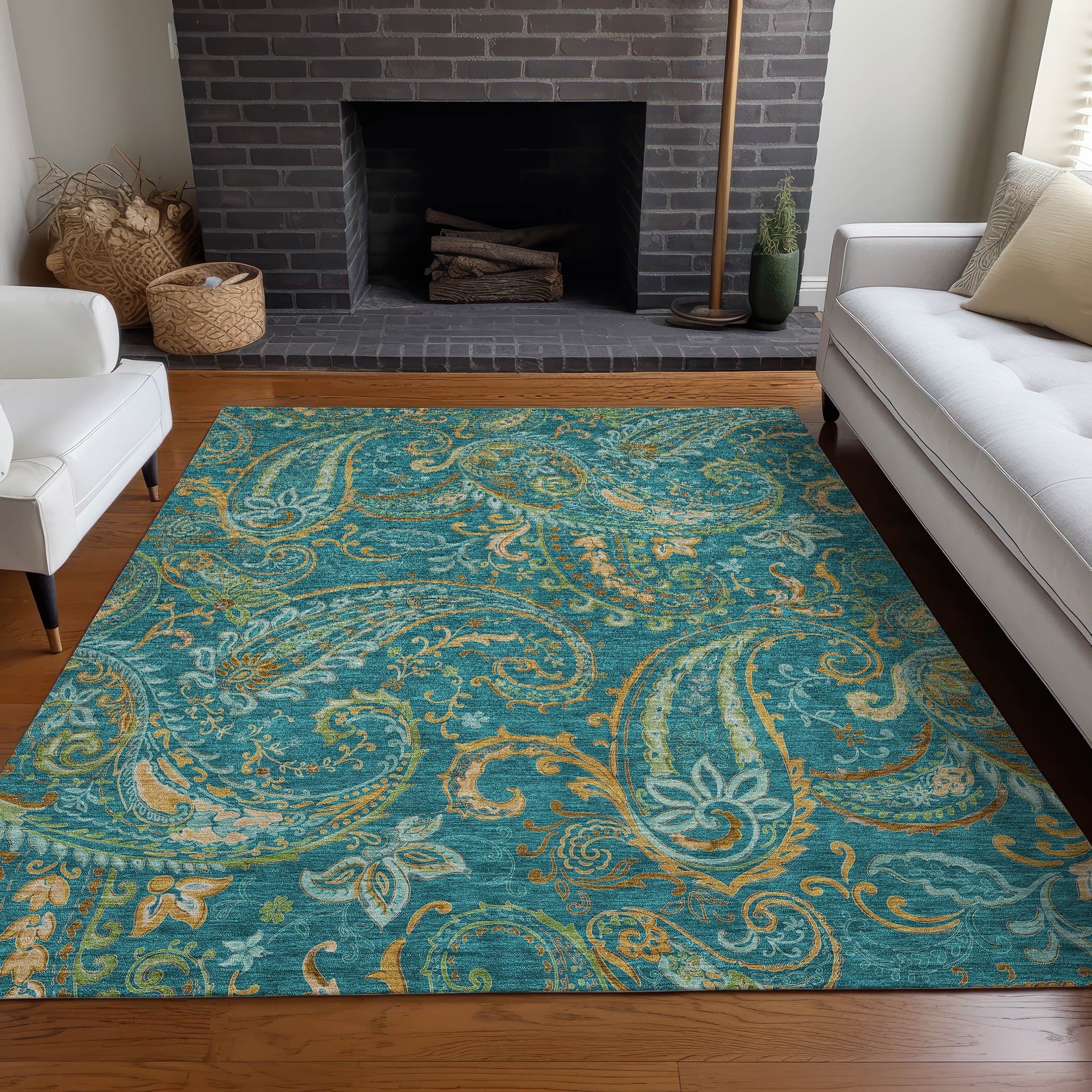 Teal and Gold Paisley Rectangular Synthetic Area Rug 3' x 5'