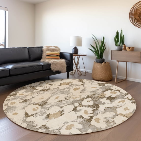 Addison Rugs Chantille Indoor/Outdoor Transitional Floral Khaki Washable Round Rug, 8' x 8'