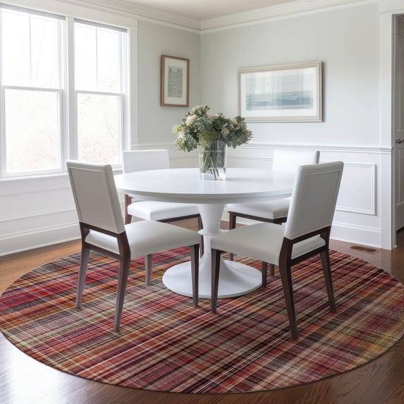 Addison Rugs Chantille Indoor/Outdoor Transitional Plaid Red Washable Round Rug, 8' x 8'