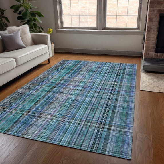 Addison Rugs Chantille Indoor/Outdoor Transitional Plaid Teal Washable Rectangle Rug, 3' x 5'
