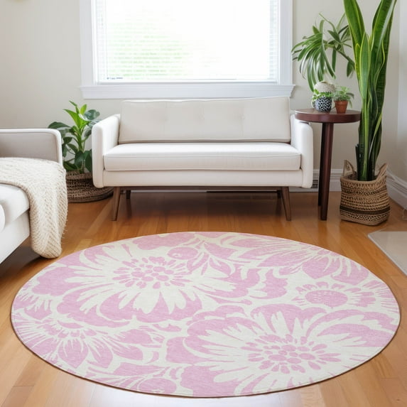 Addison Rugs Chantille Indoor/Outdoor Transitional Floral Pink Washable Round Rug, 8' x 8'