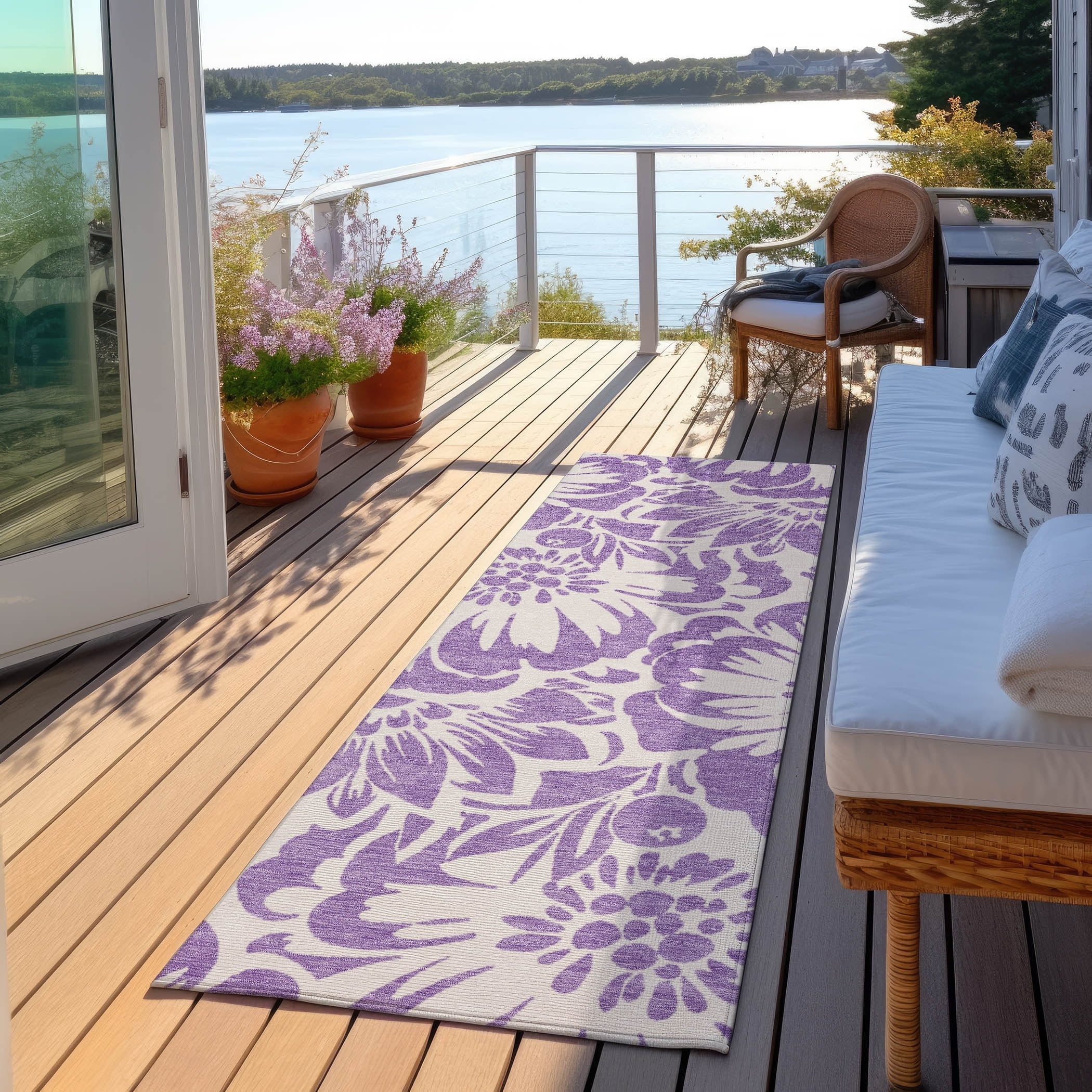 Purple Floral Machine Washable Indoor/Outdoor Runner Rug
