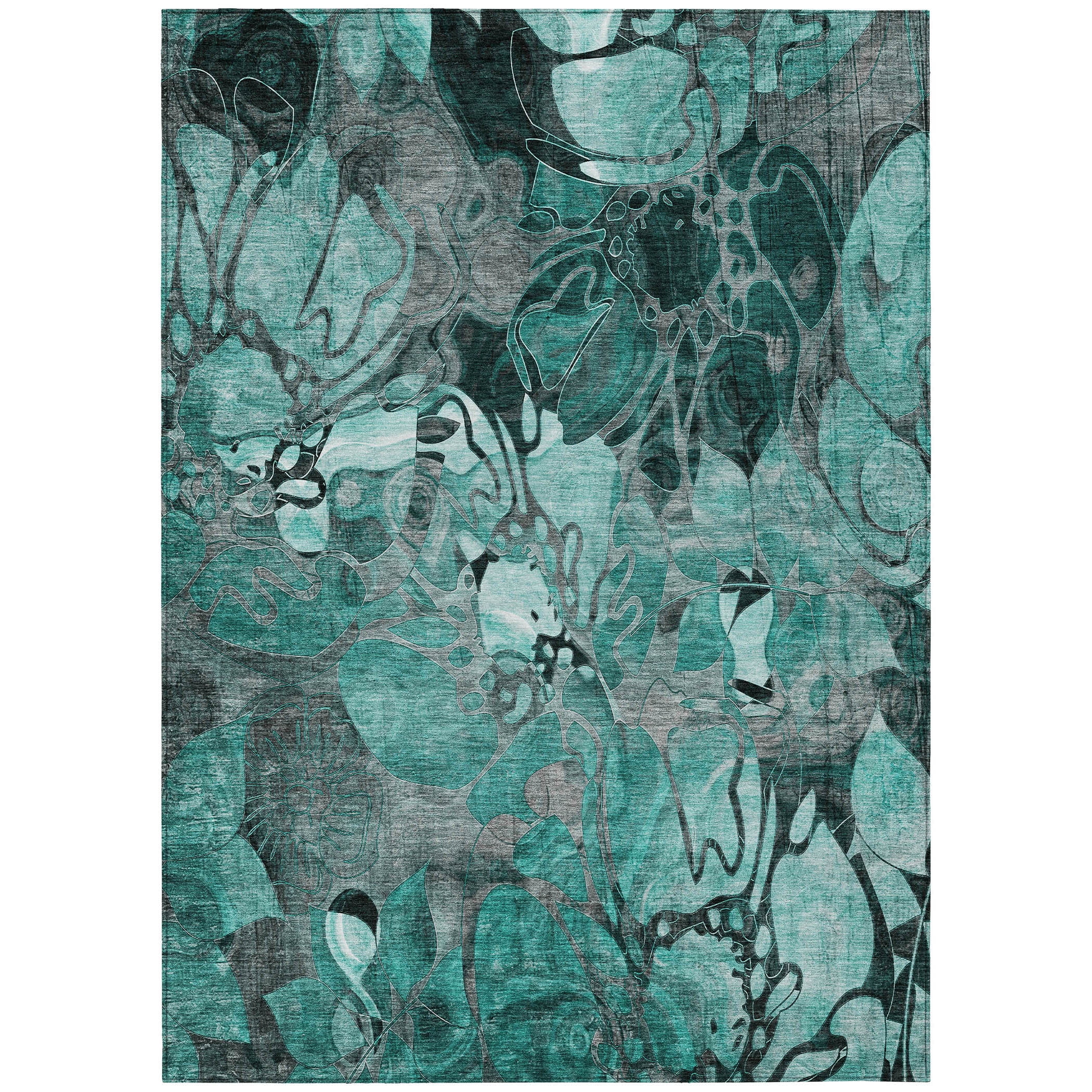 Teal Floral Synthetic Rectangular 10' x 14' Washable Area Rug
