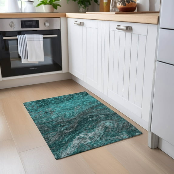 Addison Rugs Chantille Indoor/Outdoor Transitional Abstract Teal Washable Rectangle Rug, 1'8" x 2'6"