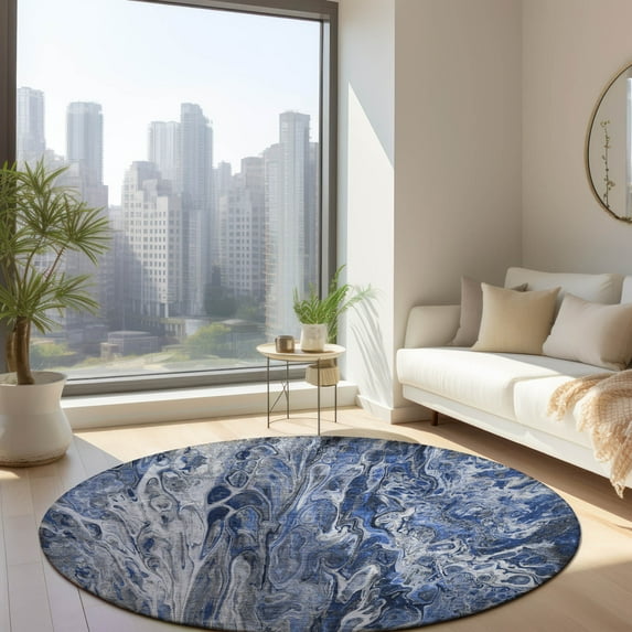 Addison Rugs Chantille Indoor/Outdoor Contemporary Abstract Blue Washable Round Rug, 8' x 8'