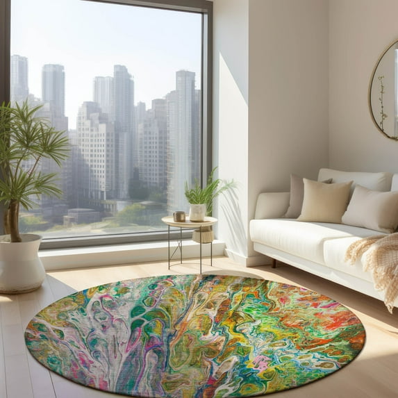 Addison Rugs Chantille Indoor/Outdoor Contemporary Abstract Green Washable Round Rug, 8' x 8'