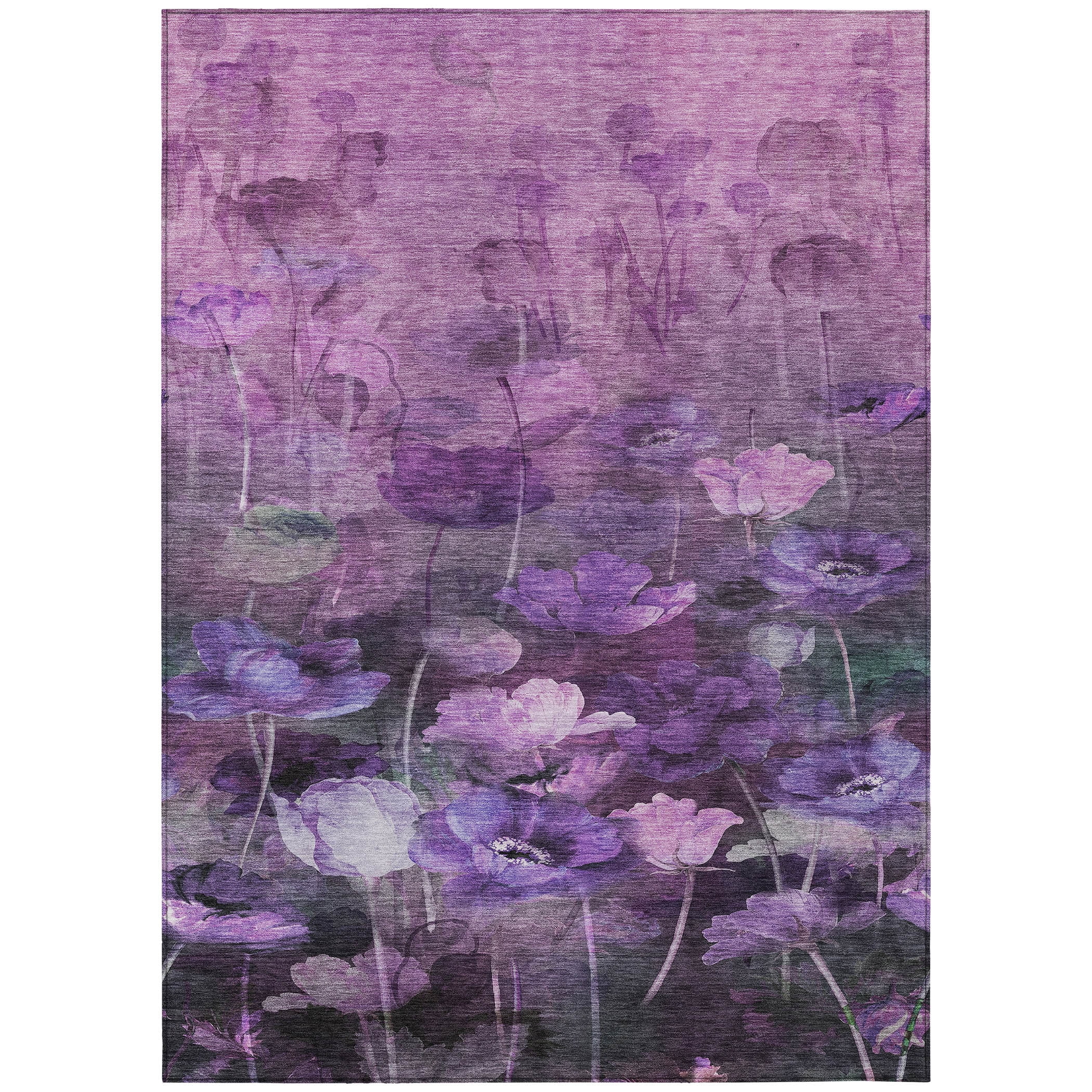 Purple Floral Easy Care Synthetic Rectangular Rug