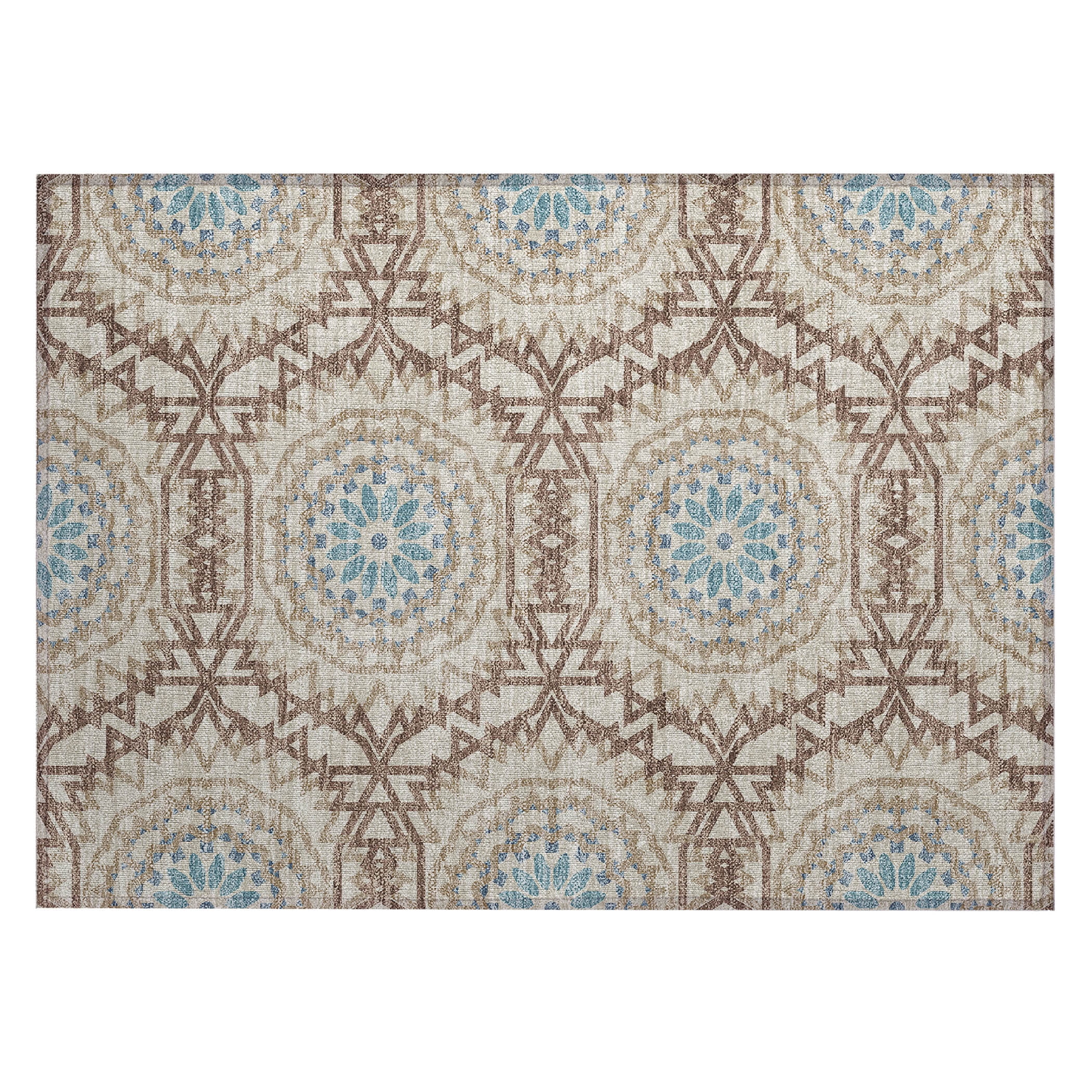 Khaki and Blue Rectangular Synthetic Washable Rug