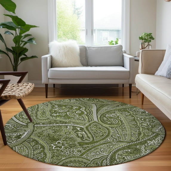Addison Rugs Chantille Indoor/Outdoor Traditional Paisley Green Washable Round Rug, 8' x 8'
