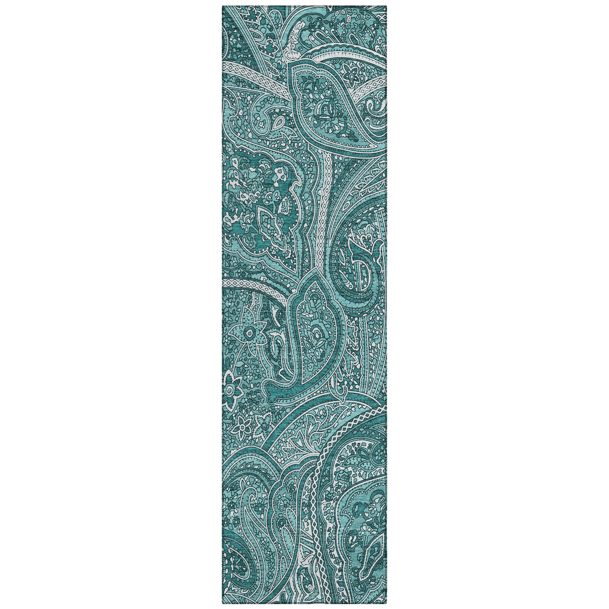 Teal Polyester Vintage Paisley Machine Washable Runner Rug