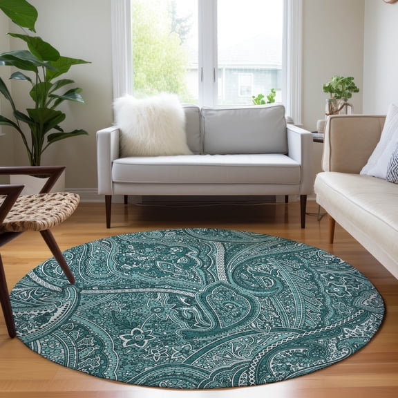Addison Rugs Chantille Indoor/Outdoor Traditional Paisley Teal Washable Round Rug, 8' x 8'