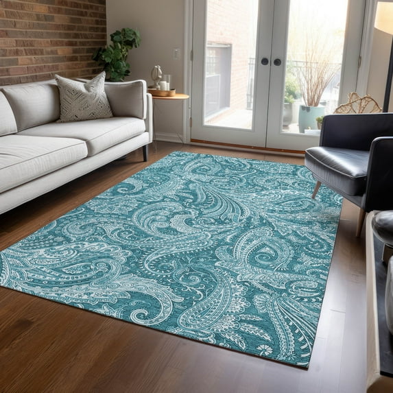 Addison Rugs Chantille Indoor/Outdoor Transitional Paisley Turquoise Washable Rectangle Rug, 5' x 7'6"