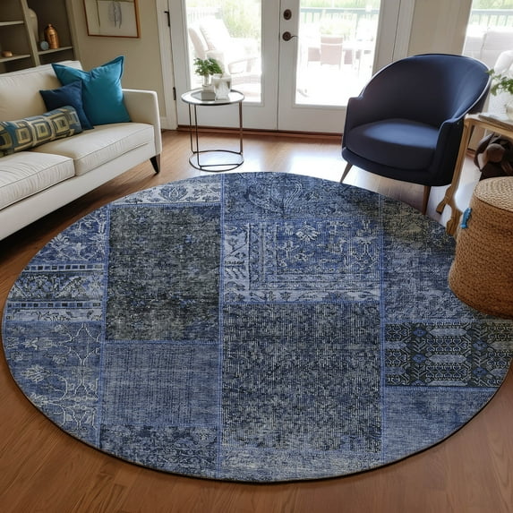 Addison Rugs Chantille Indoor/Outdoor Transitional Patchwork Navy Washable Round Rug, 8' x 8'