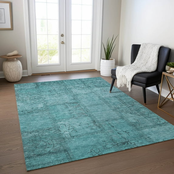 Addison Rugs Chantille Indoor/Outdoor Transitional Patchwork Teal Washable Rectangle Rug, 3' x 5'