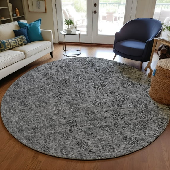 Addison Rugs Chantille Indoor/Outdoor Transitional Floral Gray Washable Round Rug, 8' x 8'